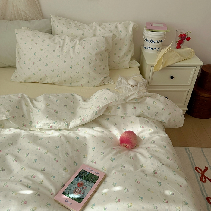 91家纺网 家纺一手货源 找家纺 韩国纯棉ins风小碎花田园风四件套花卉活性印花小清新被套纯色加大床单1.8床笠混搭风纯色印花枕套 花西子（奶黄）