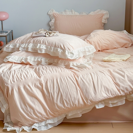 （总）尺素 2024新款韩版ins花边款双人1.8四件套水洗棉泡泡纱被套人字纹床单