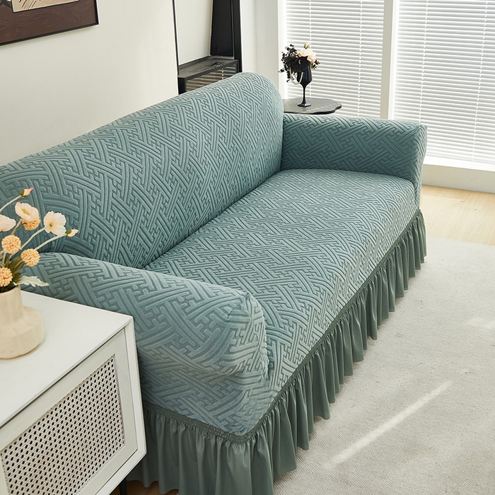 91家纺网 家纺一手货源 找家纺 共鸣沙发套 2024新款拉绒提花系列沙发套（裙摆款） 拉绒墨绿