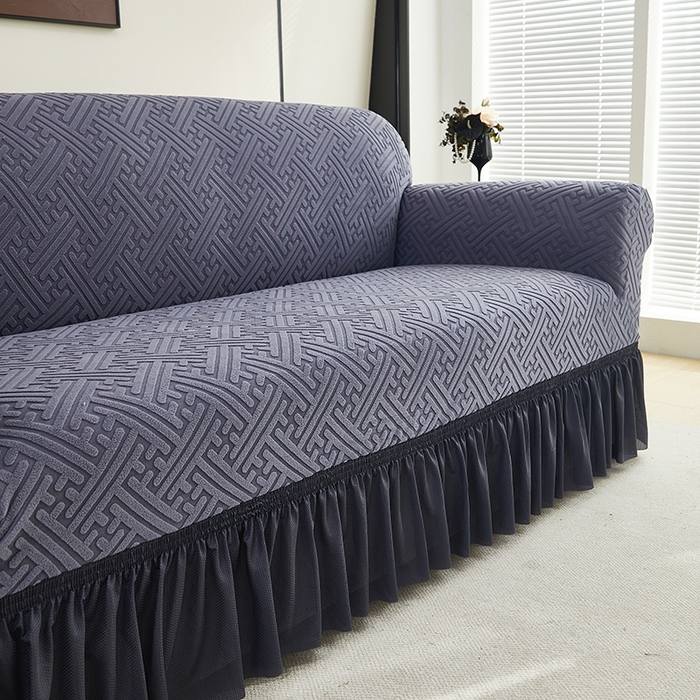 91家纺网 家纺一手货源 找家纺 共鸣沙发套 2024新款拉绒提花系列沙发套（裙摆款） 拉绒深灰