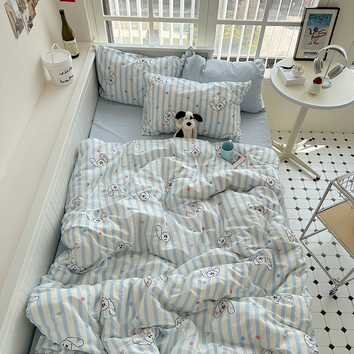 91家纺网 家纺一手货源 找家纺 尺素 2024韩国ins风少女粉被套纯棉卡通四件套小清新蝴蝶结被套240*250床单学生宿舍三件套 可爱多蓝（浅蓝）