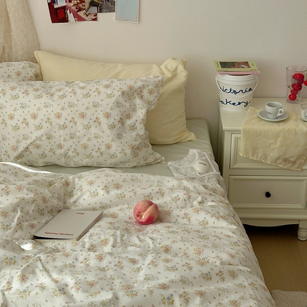 尺素 2024新款韩国纯棉ins风小碎花四件套花卉田园被套纯色加大床单1.8床笠混搭风纯色印花枕套 春野（冰沙绿）