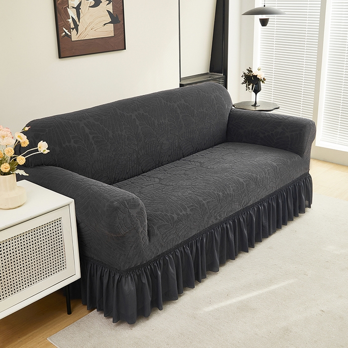 91家纺网 家纺一手货源 找家纺 共鸣沙发套 2024新款臻品提花系列沙发套（裙摆款织叶花系） 织叶碳灰