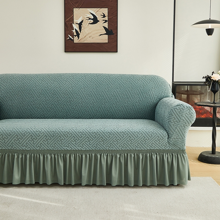 91家纺网 家纺一手货源 找家纺 共鸣沙发套 2024新款拉绒提花系列沙发套（裙摆款） 拉绒墨绿