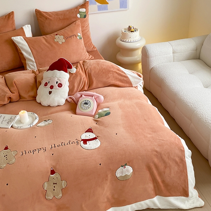 91家纺网 家纺一手货源 找家纺 MIU缪家居 2024新款加厚保暖牛奶绒四件套-圣诞礼物 圣诞礼物 橘色