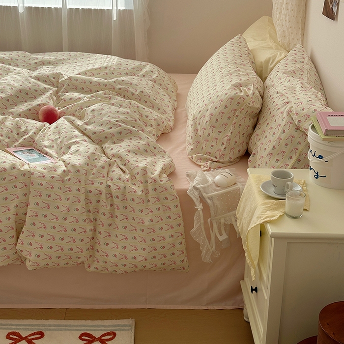 91家纺网 家纺一手货源 找家纺 韩国纯棉ins风小碎花田园风四件套花卉活性印花小清新被套纯色加大床单1.8床笠混搭风纯色印花枕套 一朵春光（桃粉）