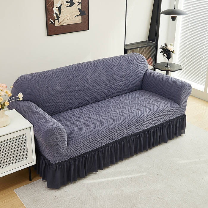 91家纺网 家纺一手货源 找家纺 共鸣沙发套 2024新款拉绒提花系列沙发套（裙摆款） 拉绒深灰