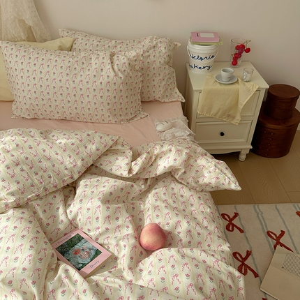 韩国纯棉ins风小碎花田园风四件套花卉活性印花小清新被套纯色加大床单1.8床笠混搭风纯色印花枕套 一朵春光（桃粉）