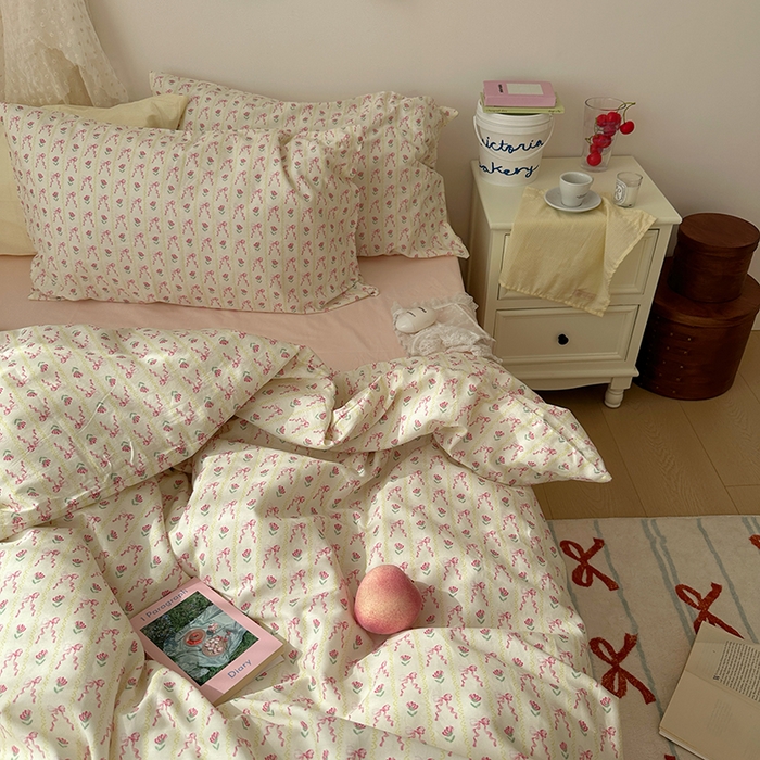 91家纺网 家纺一手货源 找家纺 韩国纯棉ins风小碎花田园风四件套花卉活性印花小清新被套纯色加大床单1.8床笠混搭风纯色印花枕套 一朵春光（桃粉）
