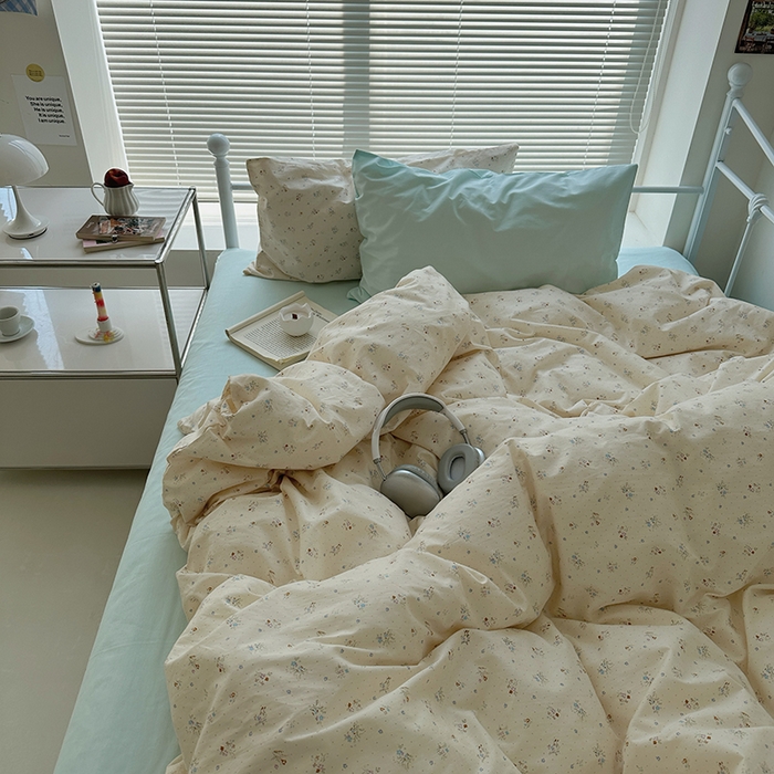 91家纺网 家纺一手货源 找家纺 尺素 2024新款韩国ins风全棉印花四件套田园花卉双人碎花被套学生宿舍1.2三件套纯色加大床单1.8床笠 露华浓（冰沙绿）