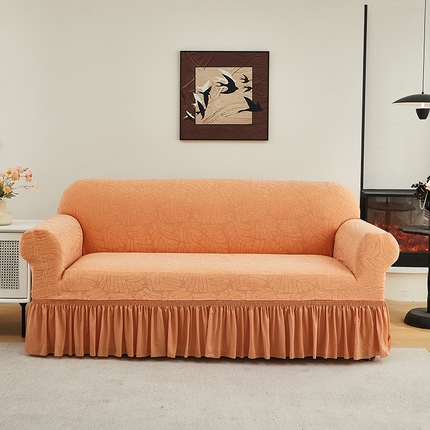 91家纺网 家纺一手货源 找家纺 共鸣沙发套 2024新款臻品提花系列沙发套（裙摆款织叶花系） 织叶卡橙