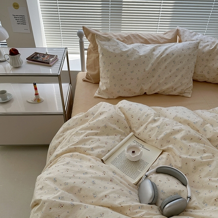 尺素 2024新款韩国ins风全棉印花四件套田园花卉双人碎花被套学生宿舍1.2三件套纯色加大床单1.8床笠 露华浓（浅驼）