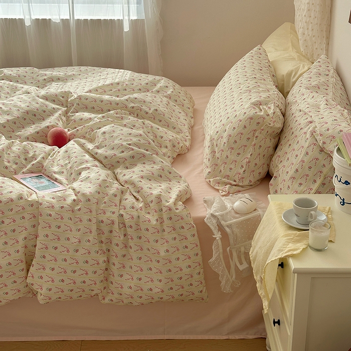 91家纺网 家纺一手货源 找家纺 韩国纯棉ins风小碎花田园风四件套花卉活性印花小清新被套纯色加大床单1.8床笠混搭风纯色印花枕套 一朵春光（桃粉）