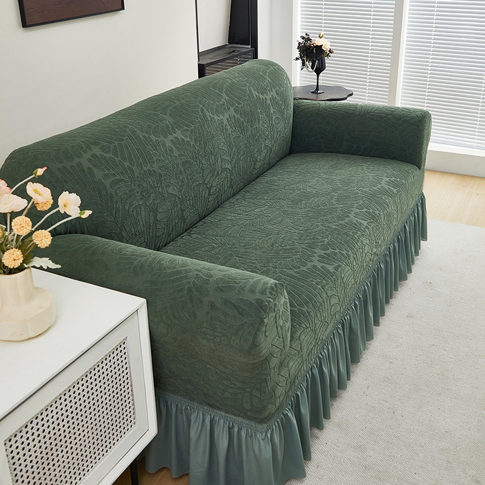 91家纺网 家纺一手货源 找家纺 共鸣沙发套 2024新款臻品提花系列沙发套（裙摆款织叶花系） 织叶松绿