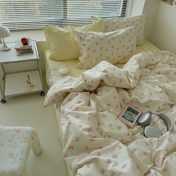 91家纺网 家纺一手货源 找家纺 尺素 2024韩国ins风少女粉被套纯棉卡通四件套小清新蝴蝶结被套240*250床单学生宿舍三件套 少女日记（浅黄）