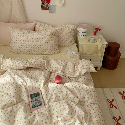 91家纺网 家纺一手货源 找家纺 （总）韩国纯棉ins风小碎花田园风四件套花卉活性印花小清新被套纯色加大床单1.8床笠混搭风纯色印花枕套