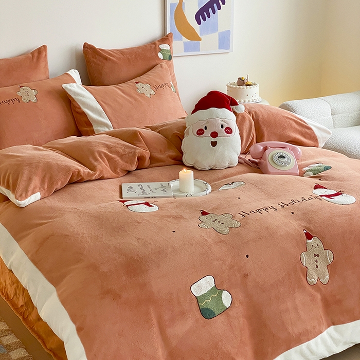 91家纺网 家纺一手货源 找家纺 MIU缪家居 2024新款加厚保暖牛奶绒四件套-圣诞礼物 圣诞礼物 橘色