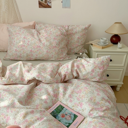 91家纺网 家纺一手货源 找家纺 （总）新款纯棉ins风小碎花田园风四件套花卉活性印花小清新被套纯色加大床单1.8床笠混搭风纯色印花枕套