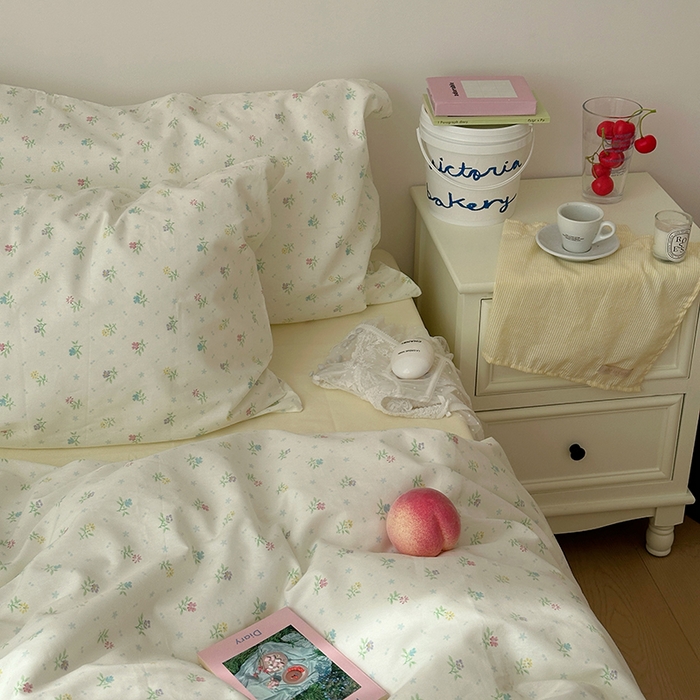 91家纺网 家纺一手货源 找家纺 韩国纯棉ins风小碎花田园风四件套花卉活性印花小清新被套纯色加大床单1.8床笠混搭风纯色印花枕套 花西子（奶黄）