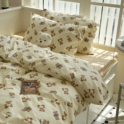 尺素 2024新款全棉印花a类卡通儿童四件套纯棉花卉双人被套学生宿舍三件套 布偶小熊