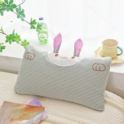 织布人 2025新款枕芯卡通全棉水洗棉小兔子儿童枕学生枕羽丝棉枕头+枕芯 全棉小兔枕-绿色彩格