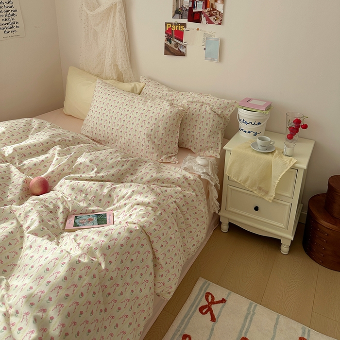 91家纺网 家纺一手货源 找家纺 韩国纯棉ins风小碎花田园风四件套花卉活性印花小清新被套纯色加大床单1.8床笠混搭风纯色印花枕套 一朵春光（桃粉）