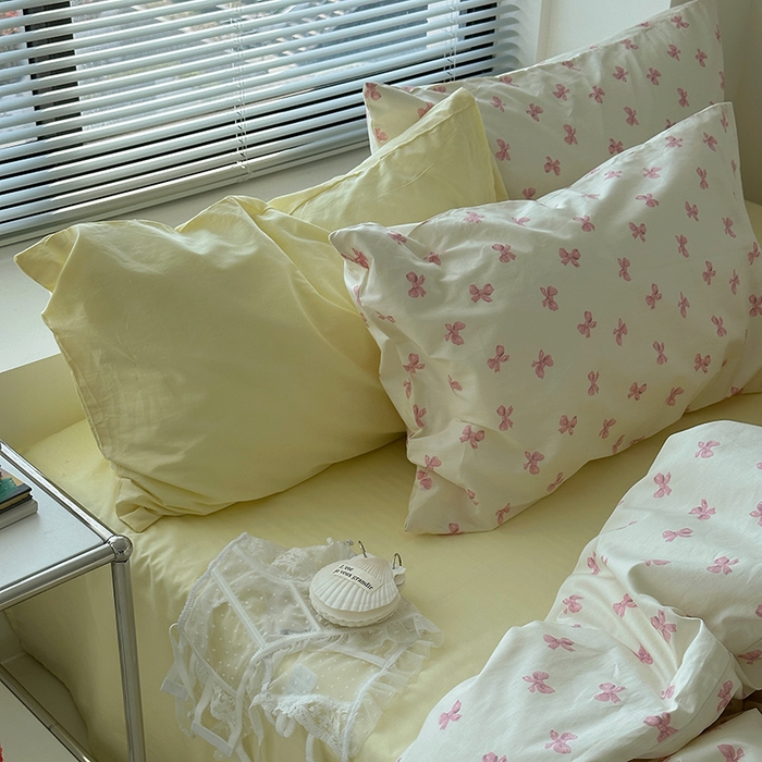 91家纺网 家纺一手货源 找家纺 尺素 2024韩国ins风少女粉被套纯棉卡通四件套小清新蝴蝶结被套240*250床单学生宿舍三件套 少女日记（浅黄）