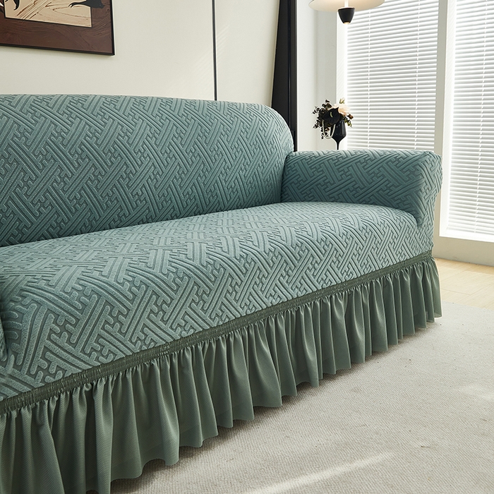 91家纺网 家纺一手货源 找家纺 共鸣沙发套 2024新款拉绒提花系列沙发套（裙摆款） 拉绒墨绿