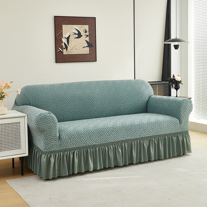 91家纺网 家纺一手货源 找家纺 共鸣沙发套 2024新款拉绒提花系列沙发套（裙摆款） 拉绒墨绿