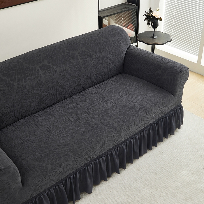 91家纺网 家纺一手货源 找家纺 共鸣沙发套 2024新款臻品提花系列沙发套（裙摆款织叶花系） 织叶碳灰