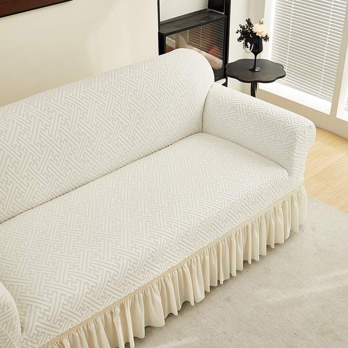 91家纺网 家纺一手货源 找家纺 共鸣沙发套 2024新款拉绒提花系列沙发套（裙摆款） 拉绒白色