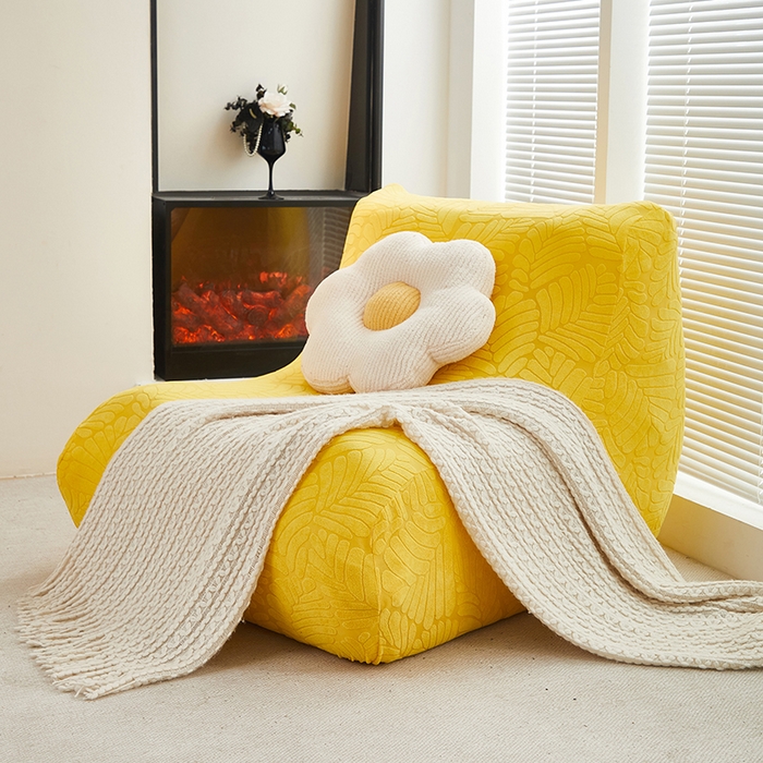 91家纺网 家纺一手货源 找家纺 共鸣沙发套 2024新款臻品提花系列懒人沙发套（织叶花系） 织叶柠黄