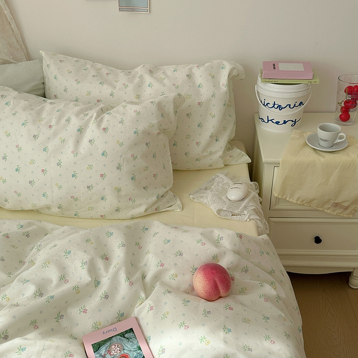 91家纺网 家纺一手货源 找家纺 韩国纯棉ins风小碎花田园风四件套花卉活性印花小清新被套纯色加大床单1.8床笠混搭风纯色印花枕套 花西子（奶黄）