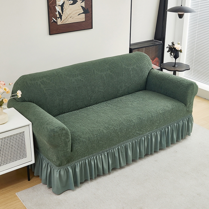 91家纺网 家纺一手货源 找家纺 共鸣沙发套 2024新款臻品提花系列沙发套（裙摆款织叶花系） 织叶松绿