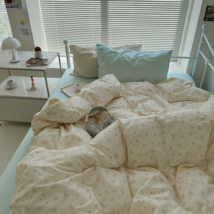 91家纺网 家纺一手货源 找家纺 尺素 2024新款韩国ins风全棉印花四件套田园花卉双人碎花被套学生宿舍1.2三件套纯色加大床单1.8床笠 露华浓（冰沙绿）
