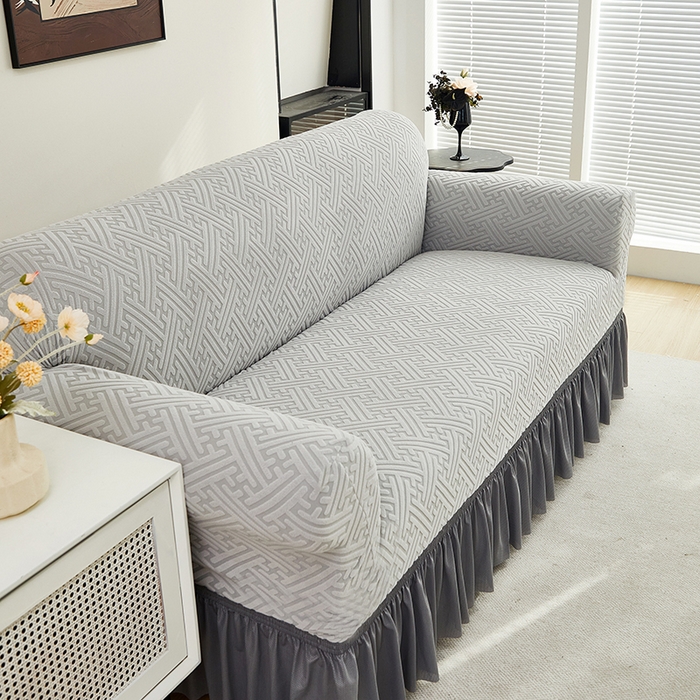 91家纺网 家纺一手货源 找家纺 共鸣沙发套 2024新款拉绒提花系列沙发套（裙摆款） 拉绒浅灰