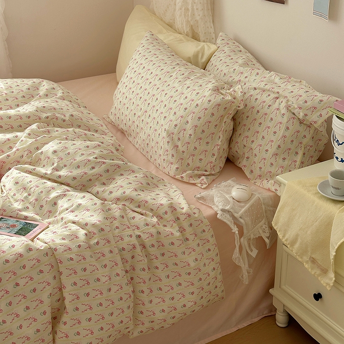 91家纺网 家纺一手货源 找家纺 韩国纯棉ins风小碎花田园风四件套花卉活性印花小清新被套纯色加大床单1.8床笠混搭风纯色印花枕套 一朵春光（桃粉）