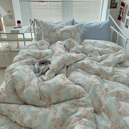 （总）尺素 2024新款韩国小碎花全棉四件套纯棉蝴蝶结粉色被套双人纯色床单1.2学生宿舍三件套-枝头春日