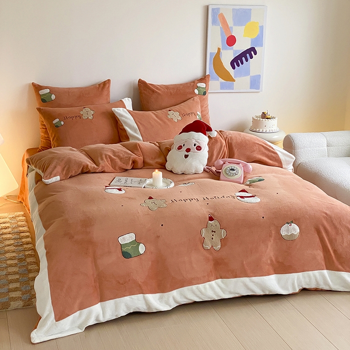 91家纺网 家纺一手货源 找家纺 MIU缪家居 2024新款加厚保暖牛奶绒四件套-圣诞礼物 圣诞礼物 橘色