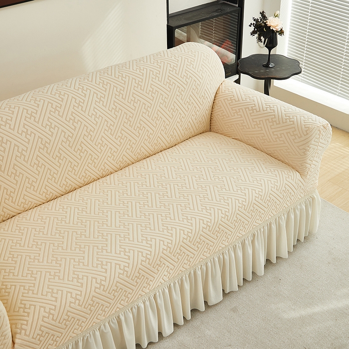 91家纺网 家纺一手货源 找家纺 共鸣沙发套 2024新款拉绒提花系列沙发套（裙摆款） 拉绒米黄