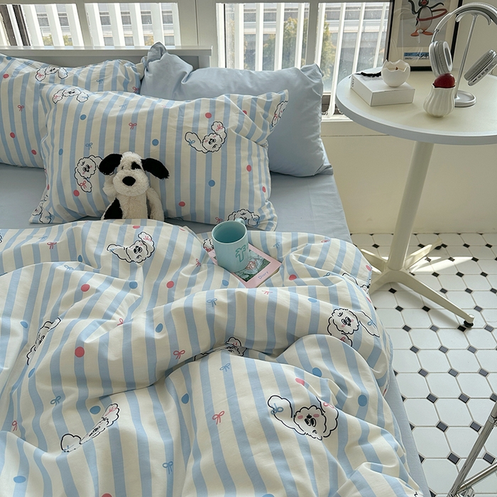 91家纺网 家纺一手货源 找家纺 尺素 2024韩国ins风少女粉被套纯棉卡通四件套小清新蝴蝶结被套240*250床单学生宿舍三件套 可爱多蓝（浅蓝）