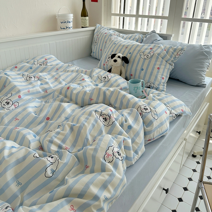 91家纺网 家纺一手货源 找家纺 尺素 2024韩国ins风少女粉被套纯棉卡通四件套小清新蝴蝶结被套240*250床单学生宿舍三件套 可爱多蓝（浅蓝）