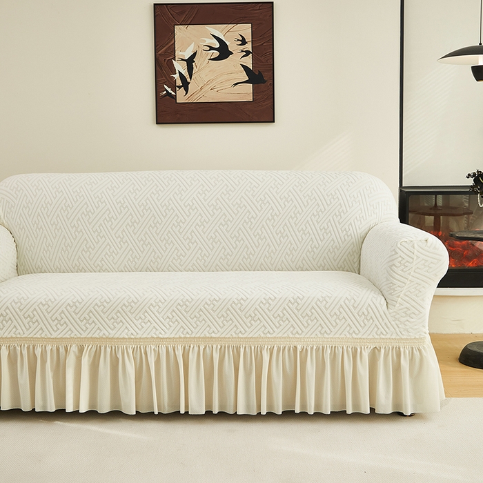 91家纺网 家纺一手货源 找家纺 共鸣沙发套 2024新款拉绒提花系列沙发套（裙摆款） 拉绒白色