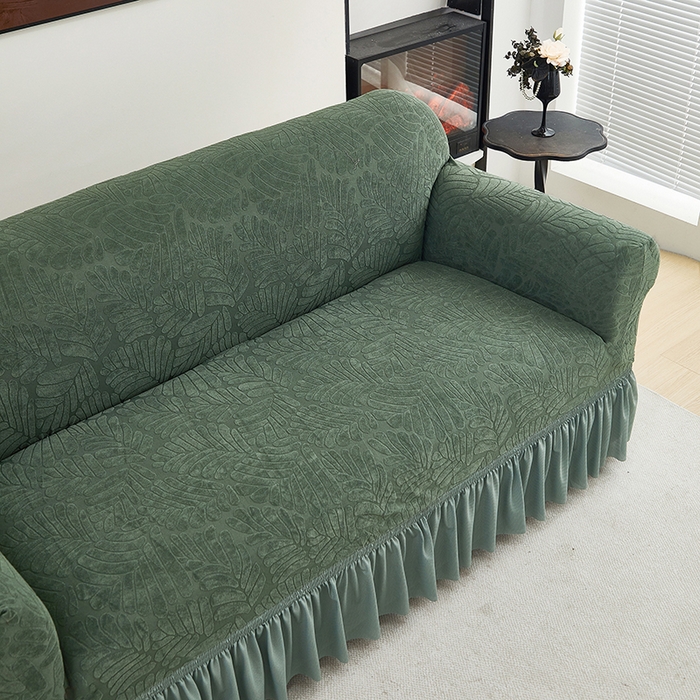 91家纺网 家纺一手货源 找家纺 共鸣沙发套 2024新款臻品提花系列沙发套（裙摆款织叶花系） 织叶松绿