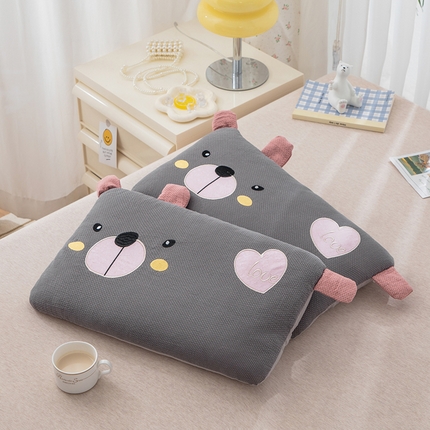 织布人 2024新款荞麦枕儿童学生卡通全棉双层纱萌萌熊枕套+荞麦枕芯 双层纱萌萌熊荞麦枕-灰红
