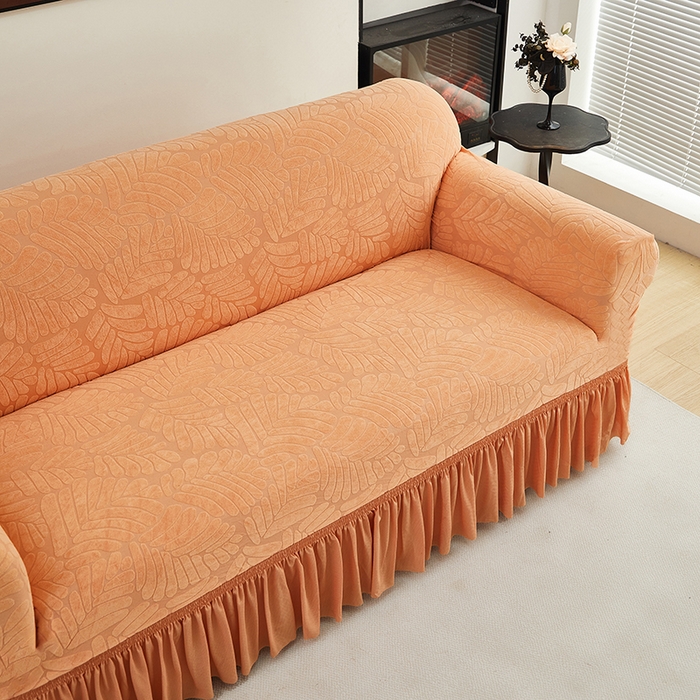 91家纺网 家纺一手货源 找家纺 共鸣沙发套 2024新款臻品提花系列沙发套（裙摆款织叶花系） 织叶卡橙