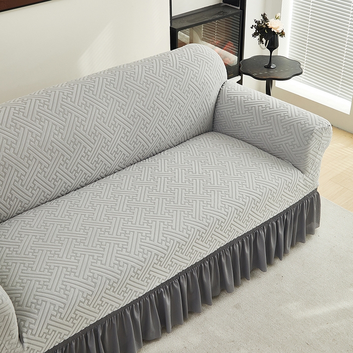 91家纺网 家纺一手货源 找家纺 共鸣沙发套 2024新款拉绒提花系列沙发套（裙摆款） 拉绒浅灰