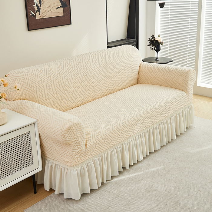 91家纺网 家纺一手货源 找家纺 共鸣沙发套 2024新款拉绒提花系列沙发套（裙摆款） 拉绒米黄