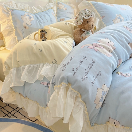 91家纺网 家纺一手货源 找家纺 瑞莱 2025韩式INS减龄花边款全棉四件套-卡通系列 奶油阿布蓝
