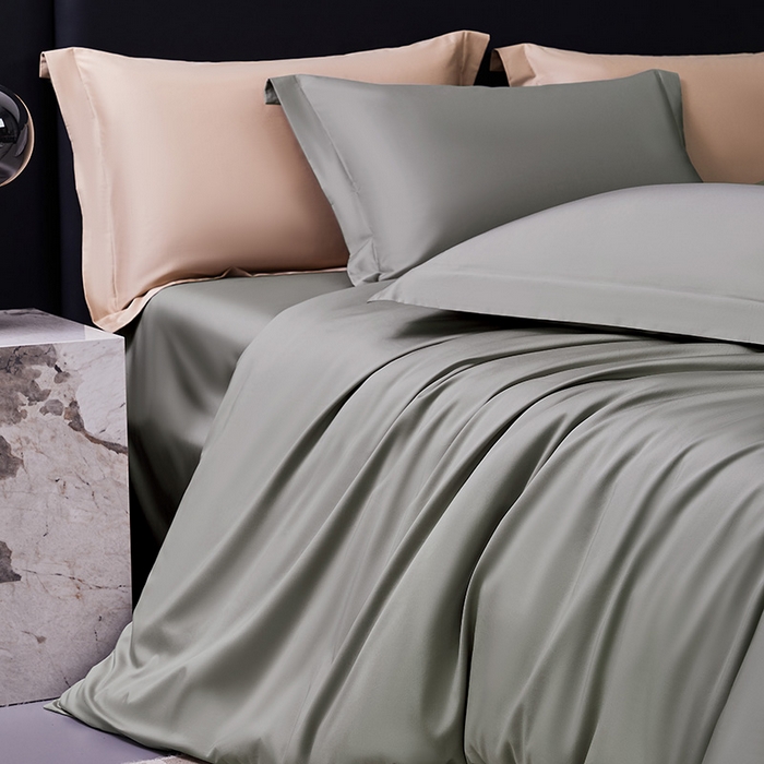 91家纺网 家纺一手货源 找家纺 轩和家居  2024新款70S长绒棉四件套 锦缎灰